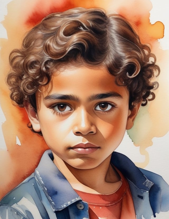 "Craft a masterful watercolor canvas artwork, portraying a 13-year-old Mexican boy. Channel the watercolor mastery inspired by artists like Diego Rivera, Frida Kahlo, and Rufino Tamayo. Use a warm and vibrant color palette to capture the essence of his caramelo skin tone and the full, curly texture of his hair in a close-up view of his face. Convey an intimate and expressive atmosphere through the skillful application of watercolors."

