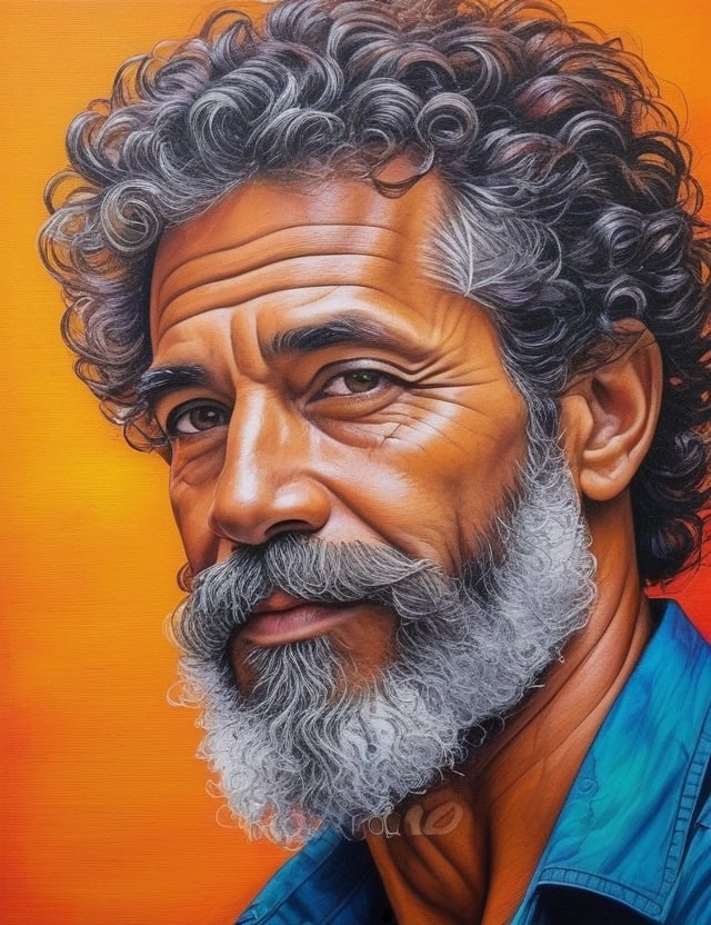 Create a vibrant canvas artwork using pencils with vivid colors, featuring a Brazilian man in his forties. The focus should be on his large, graying beard and curly, well-defined hair. Ensure the curls are distinct and separated. The composition should be a close-up of his face, capturing the unique textures and details of his facial features. Use a rich color palette to bring out the vibrancy of the scene.

