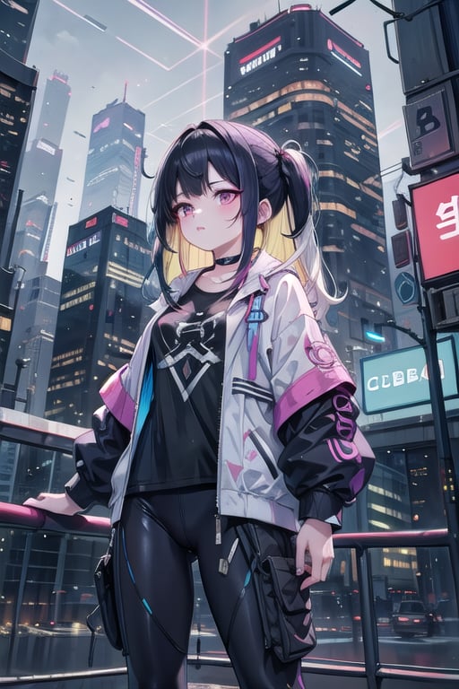 artoon, anime, illustration, digital art, background, (masterpiece, best quality), background, female, cyberpunk, black hair, ((multicolored_hair)), augmented_body, ((cybernetics)), jacket, cyborg,robotskin,  highly detailed, textured hair, bangs, leggings, port on her neck,cyber_mark, casual clothes, arms, rolled up sleeves, t-shirt,