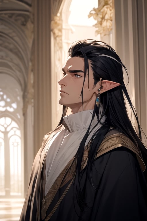 ((best quality)), ((masterpiece)), ((detailed)), long hair, black hair with white streaks, pointed_ears, male, tall, king, regal, stoic expression, 