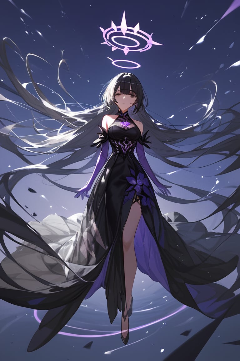 (score_9,score_8_up,score_7_up,score_6_up,score_5_up,score_4_up), detailed, anime, female, long hair, breasts, looking at viewer, bangs, black hair, dress, bare shoulders, very long hair, full body, elbow gloves, black dress, halo, large circle halo behind head, , floating, absurdly long hair, large circle behind her, halo, long hair, honkai (series), long gown, purple hands, floating above, black and white hair,