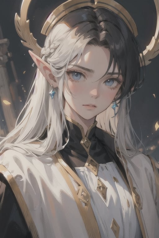 ((best quality)), ((masterpiece)), ((detailed)), long hair, (black hair) with white streaks, elven_ears, male, tall, king, regal, stoic expression, 