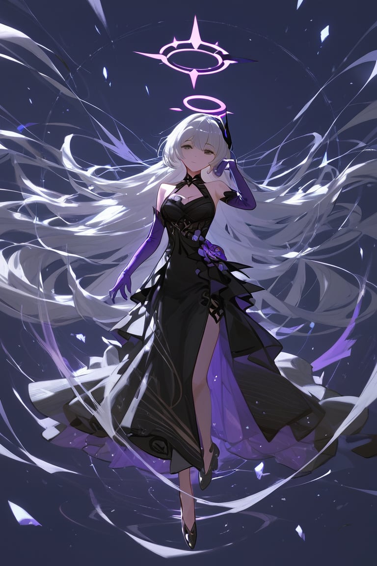 (score_9,score_8_up,score_7_up,score_6_up,score_5_up,score_4_up), detailed, anime, female, long hair, breasts, looking at viewer, bangs, black hair, dress, bare shoulders, very long hair, full body, elbow gloves, black dress, halo, large circle halo behind head, , floating, absurdly long hair, large circle behind her, halo, long hair, honkai (series), long gown, purple hands, floating above, black and white hair,