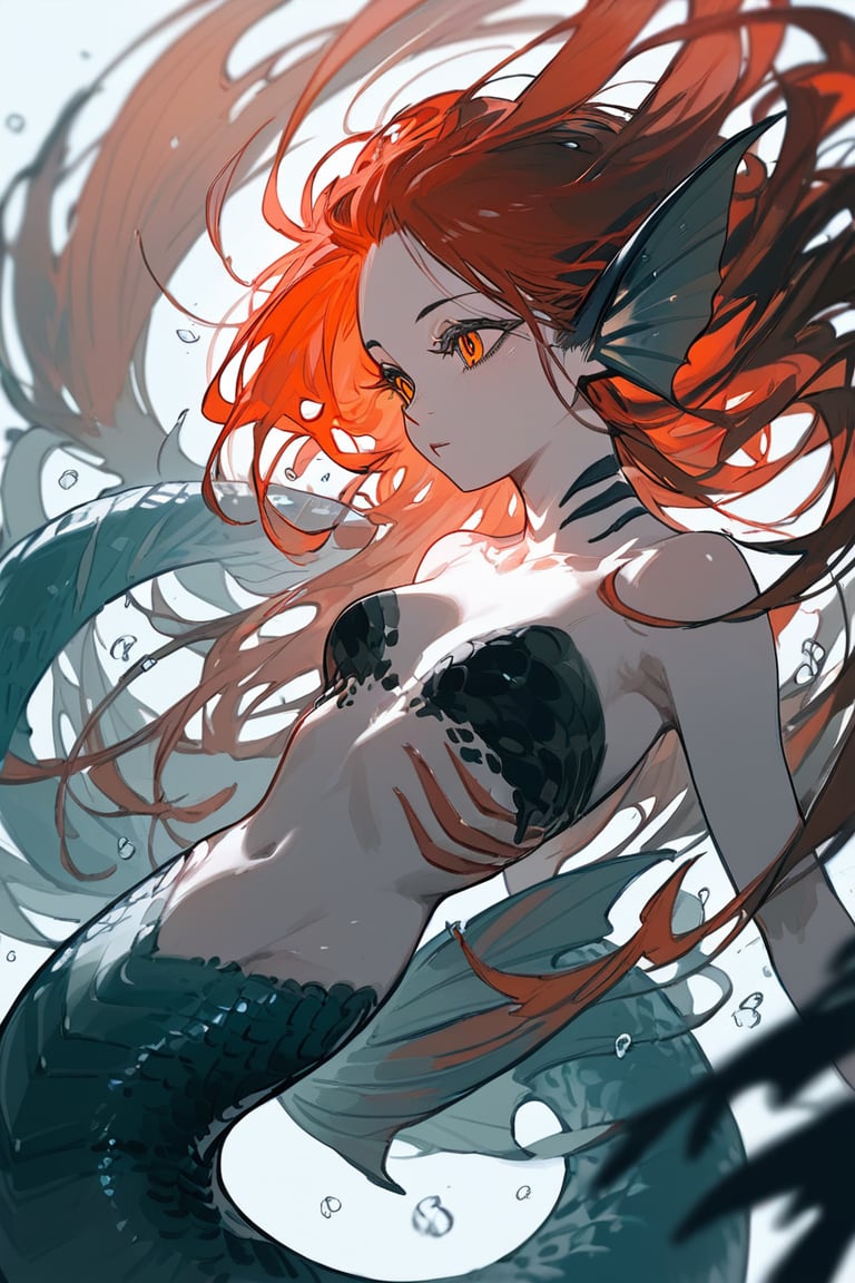 (score_9,score_8_up,score_7_up,score_6_up,score_5_up,score_4_up), female, mermaid, fins for ears, dark hair, red hair, gills, scales, lithe body, black scale, orange eyes, sharp features, pale skin, 