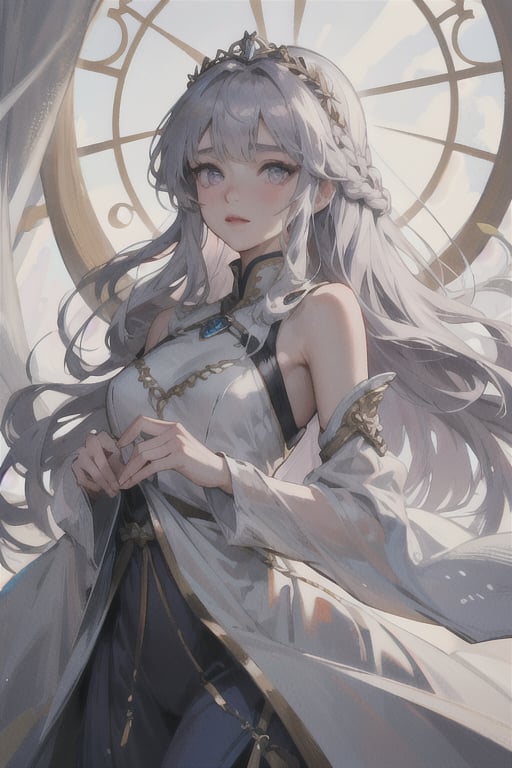 (beauty girl), (ultra-high picture quality), (masterpiece, best quality, highres:1.3), ultra resolution image, (1girl), (solo), female, Game of Thrones, purple eyes, silver-gold hair, flowing gown in shades of blue and silver, slender, atheltic, delicate yet regal face with high cheekbones and a small nose,