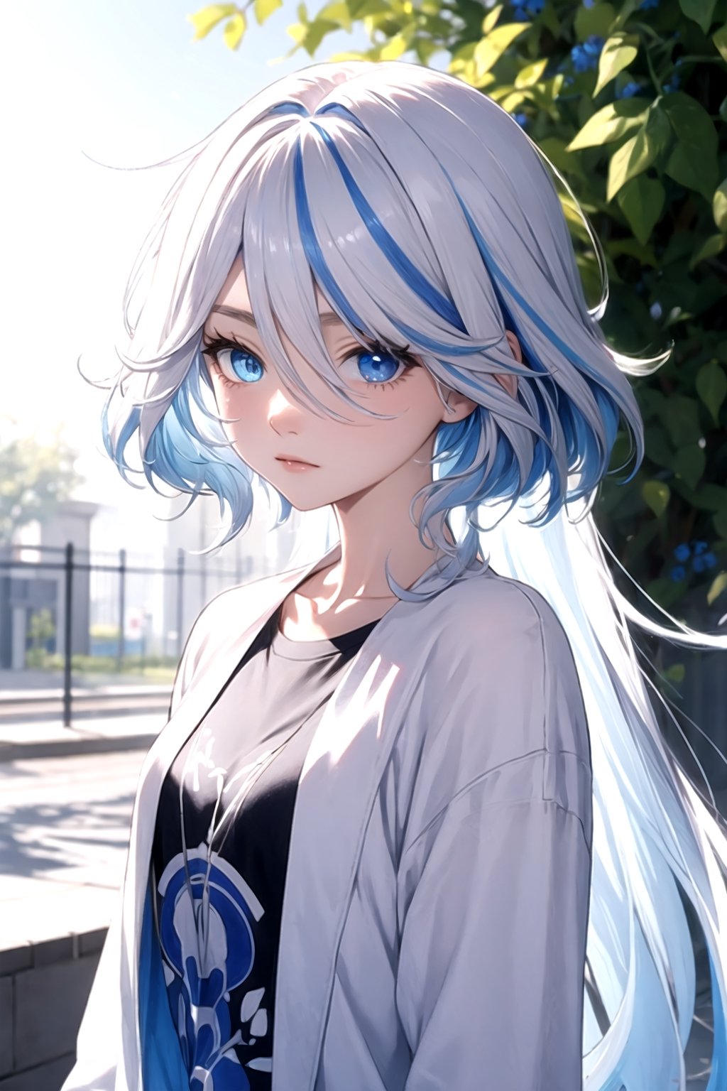 (masterpiece, best quality), (detailed), pale skin, white hair with blue streaks, female, slender, petite, ((blue eyes, heterochromia)), t-shirt, college, long hair, gamer, jacket,