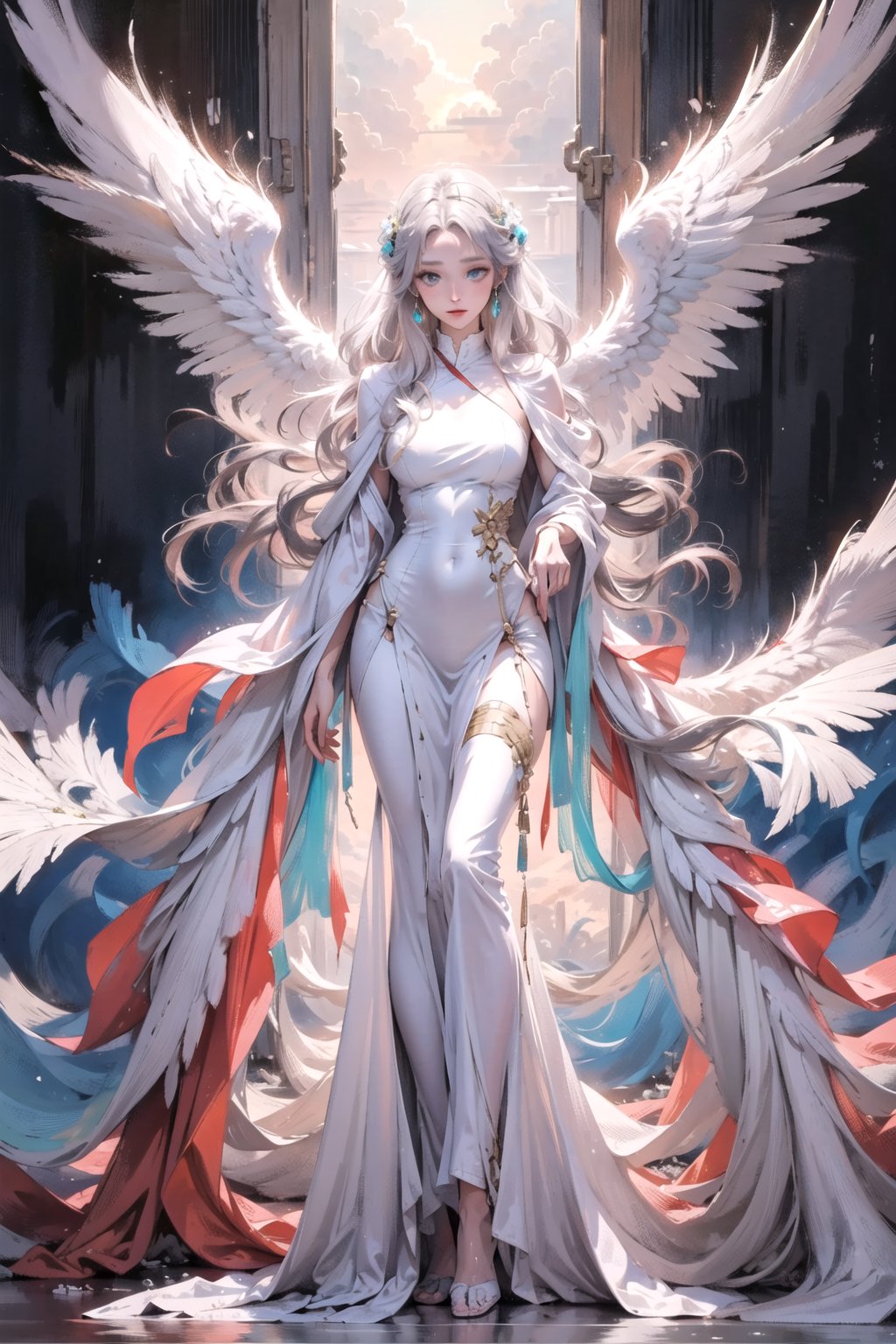 manga, anime, illustration, digital art, background, (masterpiece, best quality), female, wings, winged, silver hair, long flowing hair, slender figure, flowing white robes, turquoise eyes, long dress, hourglass_figure,