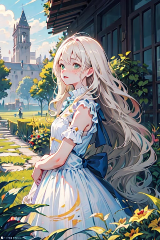 manga, anime, illustration, digital art, (masterpiece, best quality:1.2), (ultra detailed),(illustration), wallpaper, original, female, Green eyes, Wavy hair, Platinum Blonde hair, regal, queen, dress, medieval, high cheekbones, small nose, pale skin, freckles, garden, pastel