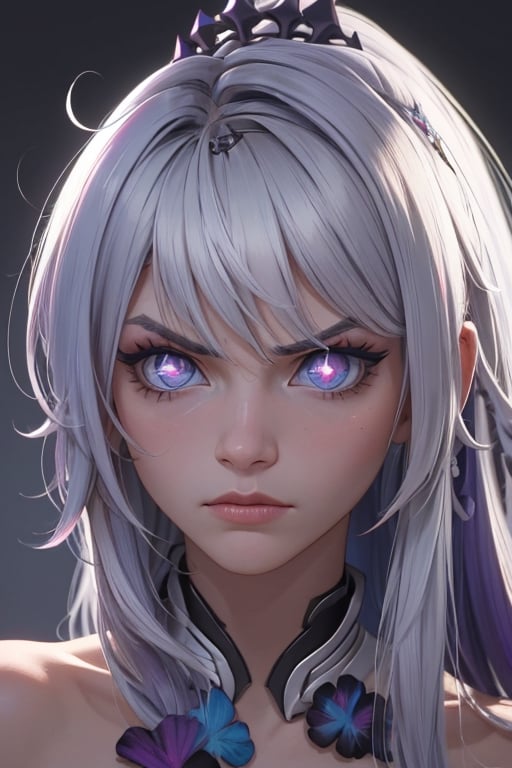 ((masterpiece)), ((best quality)), ((ultra high resolution)), realistic,kiana kaslana, white hair, long hair, wild hair, close_up, pissed_off. perfect eyes, perfect face, kiana kaslana, purple pupils,blue eyes