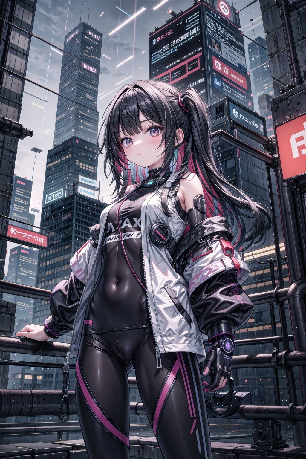 artoon, anime, illustration, digital art, background, (masterpiece, best quality), background, female, cyberpunk, black hair, (multicolored_hair), augmented_body, ((cybernetics)), jacket, cyborg,robotskin,  highly detailed, textured hair, bangs, leggings, port on her neck,cyber_mark, casual clothes, arms, rolled up sleeves, t-shirt,