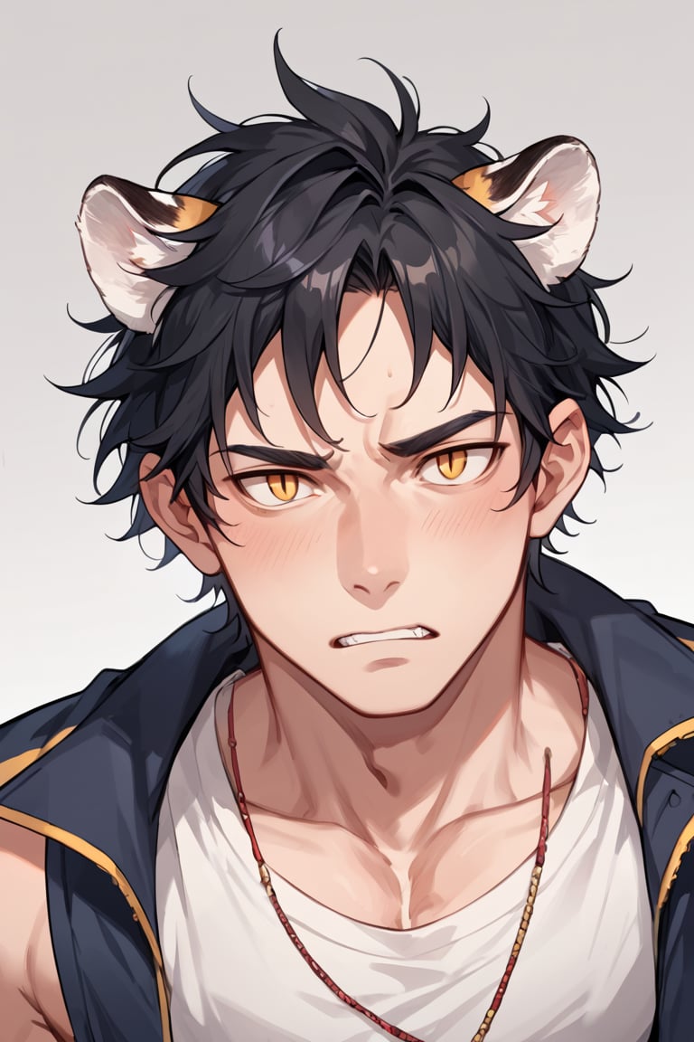 score_9_up, score_9, score_8_up, score_8, score_7, score_7_up, score_6_up, score_5_up, score_4_up, male, illustration, tiger ears, tiger tail, lean, messy hair, black hair, white skin,  slit pupils, yellow eyes, jock, clothed, BREAK,source_anime