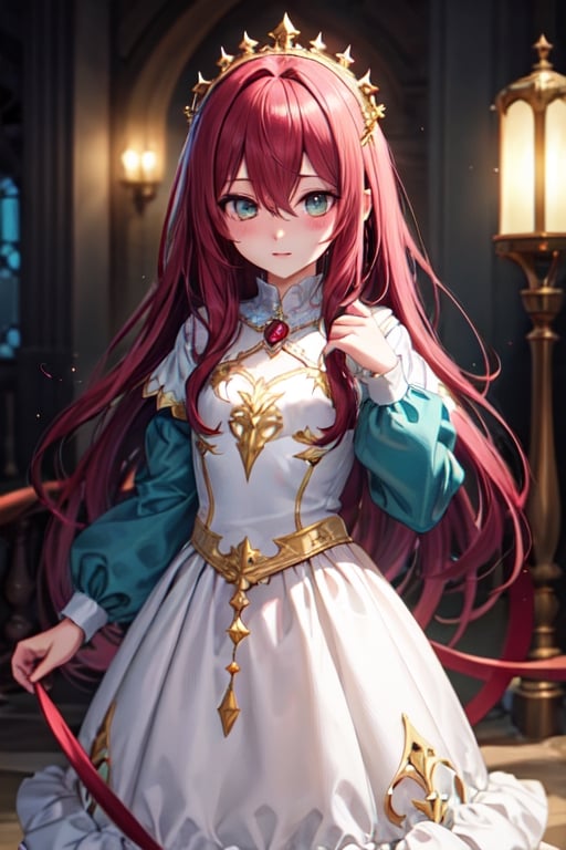 a beautiful female anime character with tangled deep red hair, white and gold princess dress, fantasy, medieval,,1girl, solo, long hair, dress, looking at viewer, shy, quiet, dark burgundy hair, long sleeves, hair between eyes, hair intakes, bangs, Teal eyes, loli, preteen, fantasy art style, princess