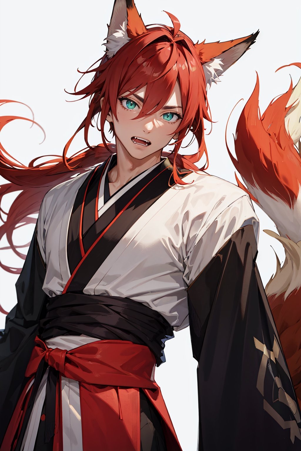 ((best quality)), ((masterpiece)), (detailed), male, sharp eyes, green eyes, lean, muscular, light red hair with a low ponytail, kitsune, fox tails, down turned fox ears, slit pupils, fangs, japanese, handsome, ,character (series)