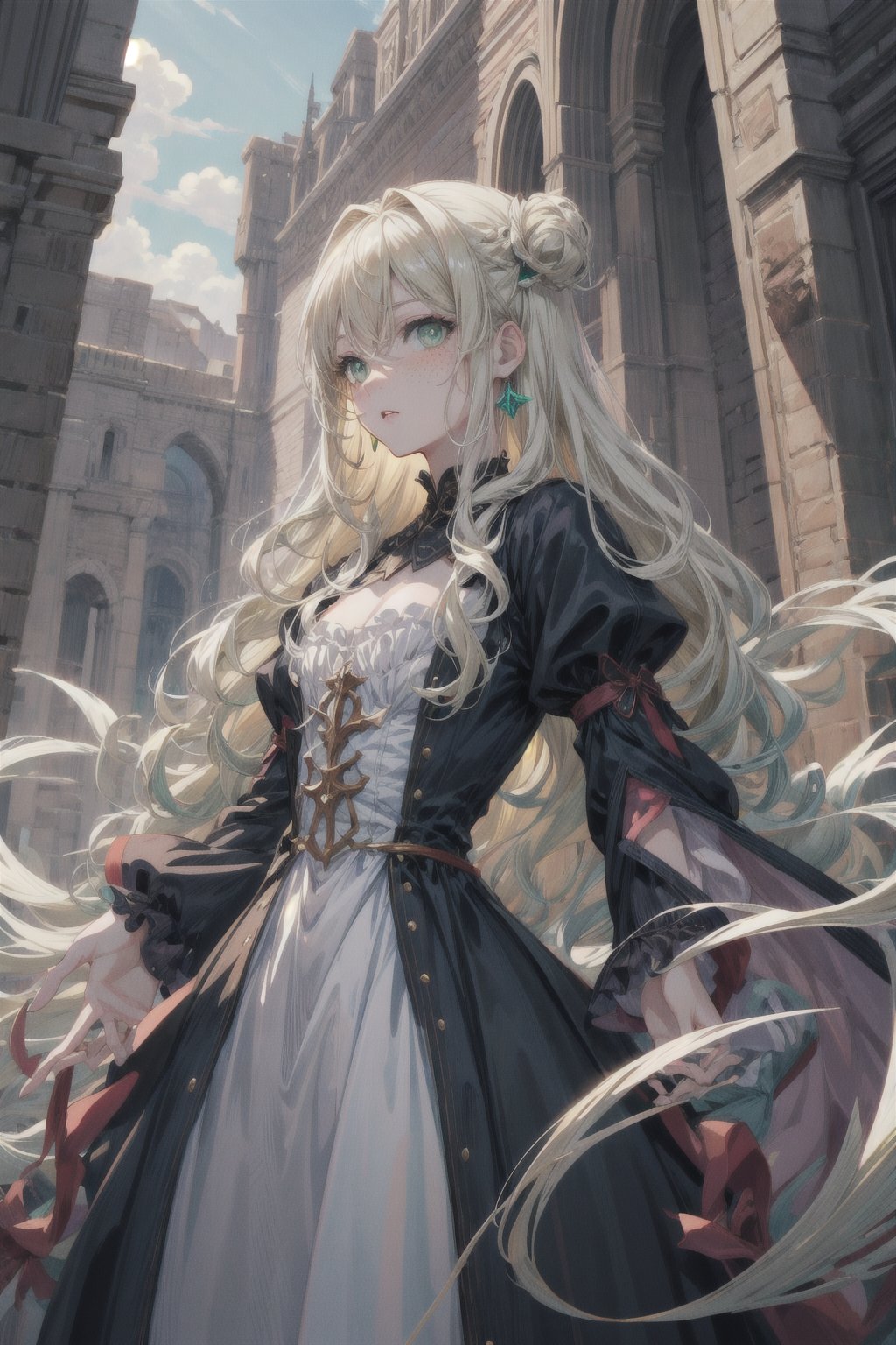 manga, anime, illustration, digital art, (masterpiece, best quality:1.2), (ultra detailed),(illustration), wallpaper, original, female, Green eyes, Wavy hair, Platinum Blonde hair, regal, queen, dress, medieval, high cheekbones, small nose, pale skin, freckles, adult, slender, 