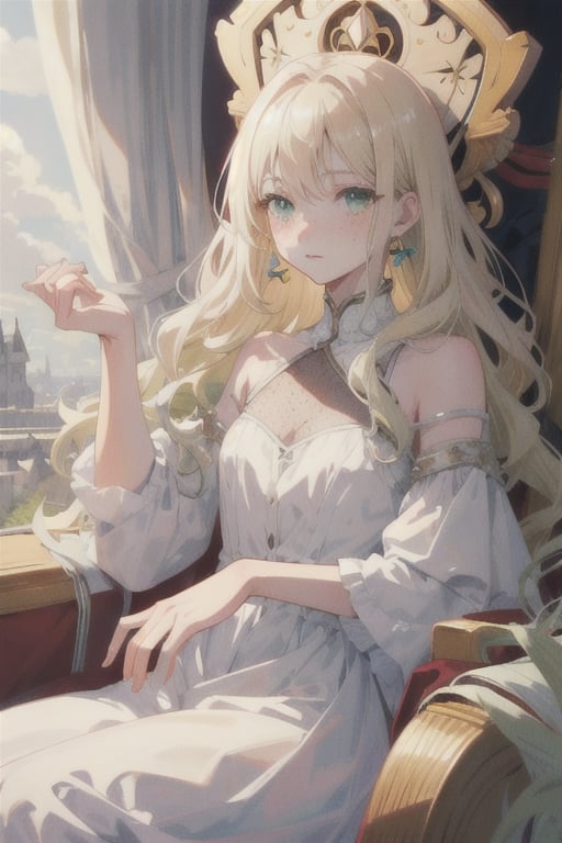 manga, anime, illustration, digital art, (masterpiece, best quality:1.2), (ultra detailed),(illustration), wallpaper, original, female, Green eyes, Wavy hair, Platinum Blonde hair, regal, queen, dress, medieval, high cheekbones, small nose, pale skin, freckles, adult, slender, 