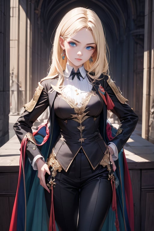 (masterpiece, best quality, highres:1.3), ultra resolution image, (female), medieval, blonde hair, blue eyes, sharp eyes, pale skin, medieval, slender, pants, tailcoat, brooch, royalty, arrogant poise, fantasy, realistic,