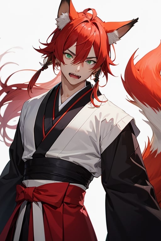 ((best quality)), ((masterpiece)), (detailed), male, sharp eyes, green eyes, lean, muscular, light red hair, kitsune, fox tails, down turned fox ears, slit pupils, fangs, japanese ethnicity, handsome looks, 