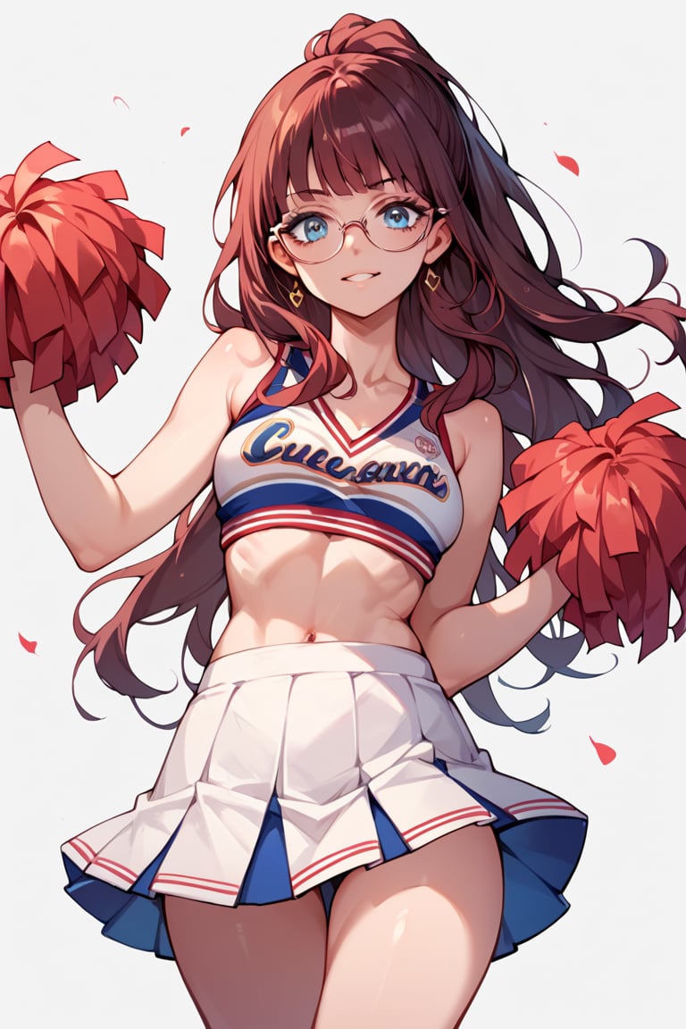 score_9_up, score_9, score_8_up, score_8, score_7, score_7_up, score_6_up, score_5_up, score_4_up, female, dark red hair, glasses, petite girl, long hair, blue eyes, cheerleader, hourglass figure, high-school,