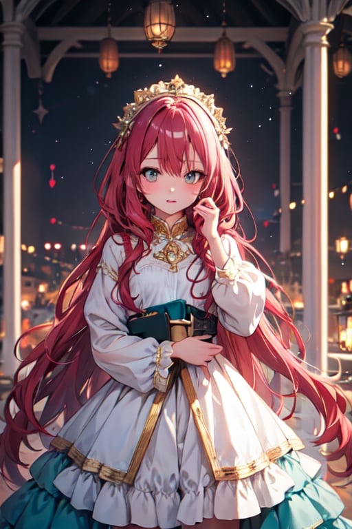 (best quality:1.1), (masterpiece:1.4), a beautiful female anime character with tangled deep red hair, white and gold princess dress, fantasy, medieval,,1girl, solo, long hair, dress, looking at viewer, shy, quiet, dark burgundy hair, long sleeves, hair between eyes, hair intakes, bangs, Teal eyes, loli, preteen, fantasy art style, Neglected, Abused,midjourney,fantai12,cuteloli