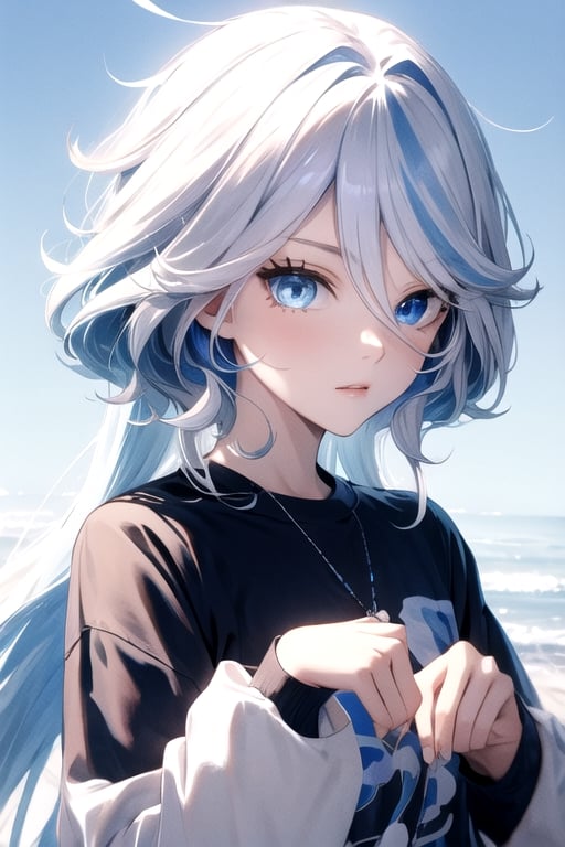 (masterpiece, best quality), (detailed), pale skin, white hair with blue streaks, female, slender, petite, modern, ((blue eyes, heterochromia)), t-shirt, college, long hair, streaked hair,