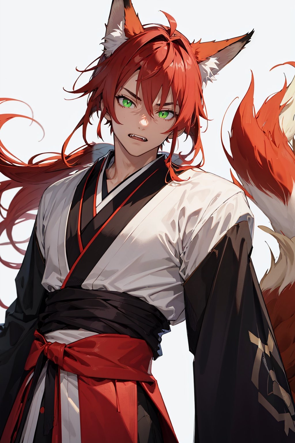 ((best quality)), ((masterpiece)), (detailed), male, sharp eyes, green eyes, lean, muscular, light red hair with a low ponytail, kitsune, fox tails, down turned fox ears, slit pupils, fangs, japanese, handsome, ,character (series)