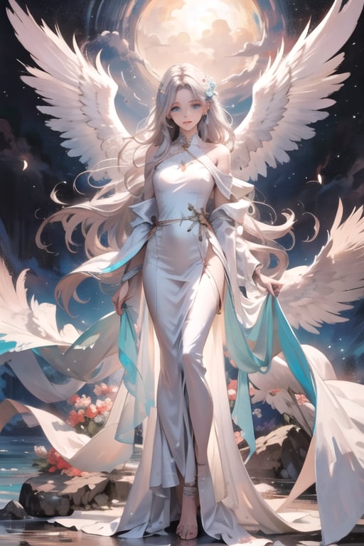 manga, anime, illustration, digital art, background, (masterpiece, best quality), female, wings, winged, silver hair, long flowing hair, slender figure, flowing white robes, turquoise eyes, long dress, hourglass_figure,