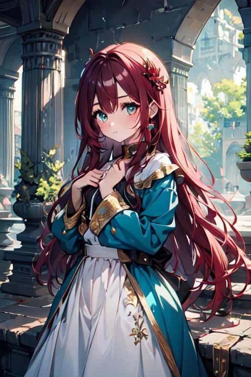 (best quality:1.1), (masterpiece:1.4), a beautiful female anime character with tangled deep red hair, white and gold princess dress, fantasy, medieval,,1girl, solo, long hair, dress, looking at viewer, shy, quiet, dark burgundy hair, long sleeves, hair between eyes, hair intakes, bangs, Teal eyes, loli, preteen, fantasy art style, Neglected, Abused, midjourney, cuteloli