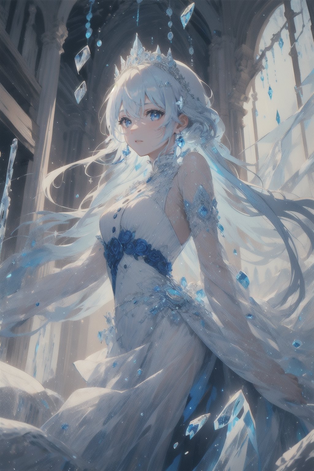 {{masterpiece}}, {{ultra detailed}}, {ultra quality}, {dramatic shadows}, {cinematic lighting}, intricate expression, princess, blue white hair set in perfect princess curls. blue white eyes, athletic, button nose, slender, pale skin ,portrait, royalty, icicles, ice, frost, emotion,