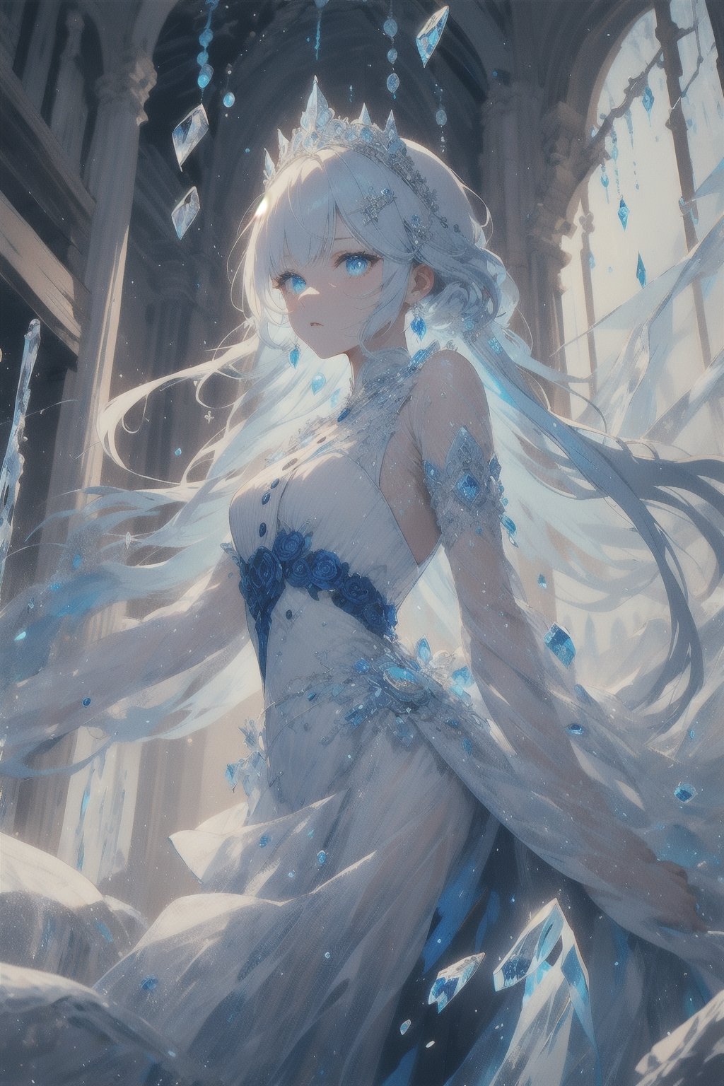 {{masterpiece}}, {{ultra detailed}}, {ultra quality}, {dramatic shadows}, {cinematic lighting}, intricate expression, princess, blue white hair set in perfect princess curls. blue white eyes, athletic, button nose, slender, pale skin ,portrait, royalty, icicles, ice, frost, emotion,