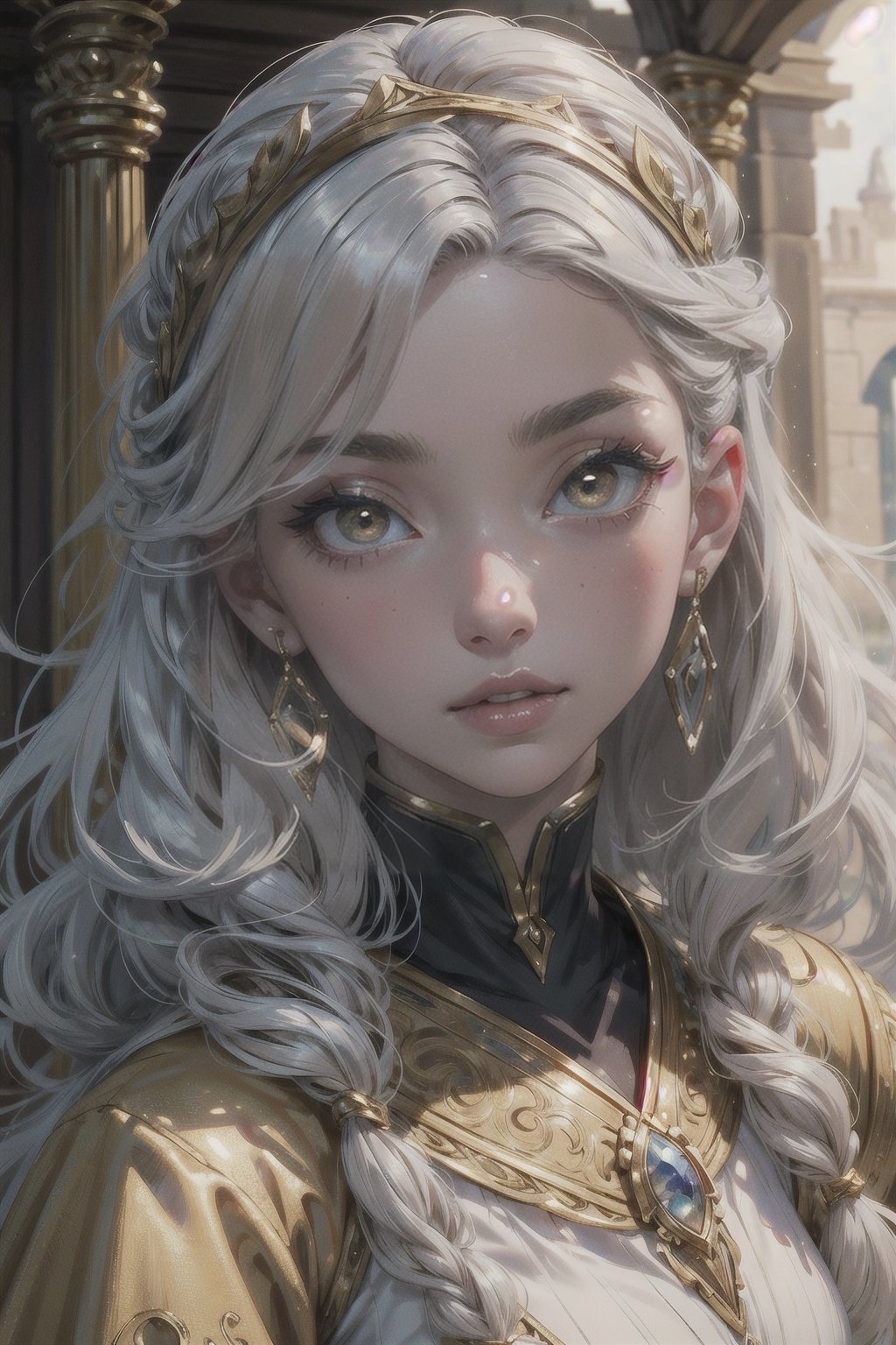 ((masterpiece)), ((ultra detailed)), (ultra quality), (very_high_resolution), realistic, very realistic , scenery, pale skin, circlet, jewelery, bangs, straigh curly hair, long_silver_hair, medieval style, ornate clothing, hair_accessories, golden yellow eyes, bright_pupils, big eyes,Detailedface,More Detail