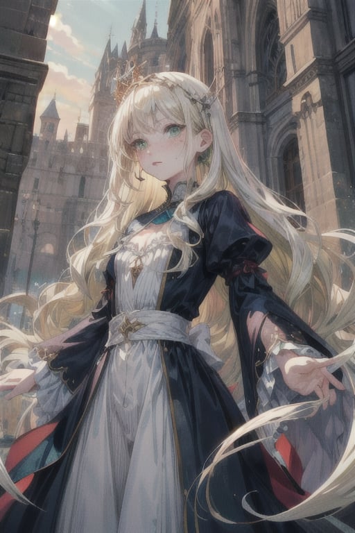 manga, anime, illustration, digital art, (masterpiece, best quality:1.2), (ultra detailed),(illustration), wallpaper, original, female, Green eyes, Wavy hair, Platinum Blonde hair, regal, queen, dress, medieval, high cheekbones, small nose, pale skin, freckles, adult, slender, 