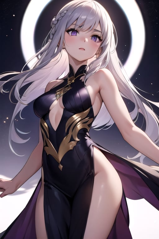 (beauty girl), (ultra-high picture quality), (masterpiece, best quality, highres:1.3), ultra resolution image, (1girl), (solo), female, Game of Thrones, purple eyes, silver-gold hair, flowing gown, slender, atheltic, delicate yet regal face with high cheekbones, a small nose,