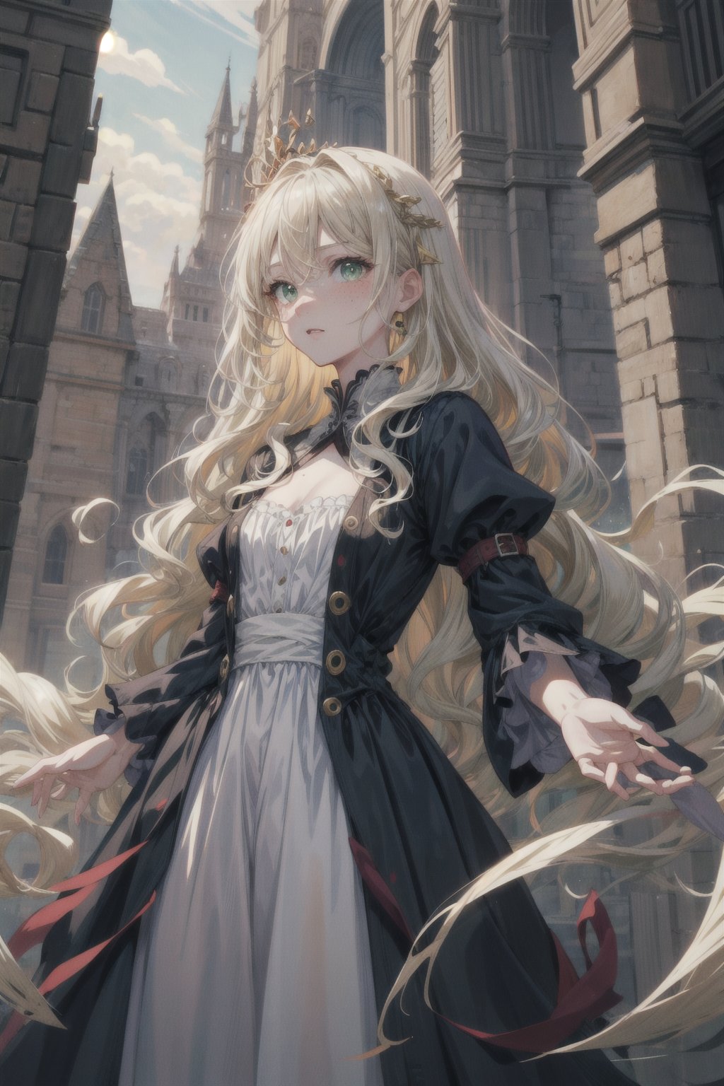 manga, anime, illustration, digital art, (masterpiece, best quality:1.2), (ultra detailed),(illustration), wallpaper, original, female, Green eyes, Wavy hair, Platinum Blonde hair, regal, queen, dress, medieval, high cheekbones, small nose, pale skin, freckles, adult, slender, 