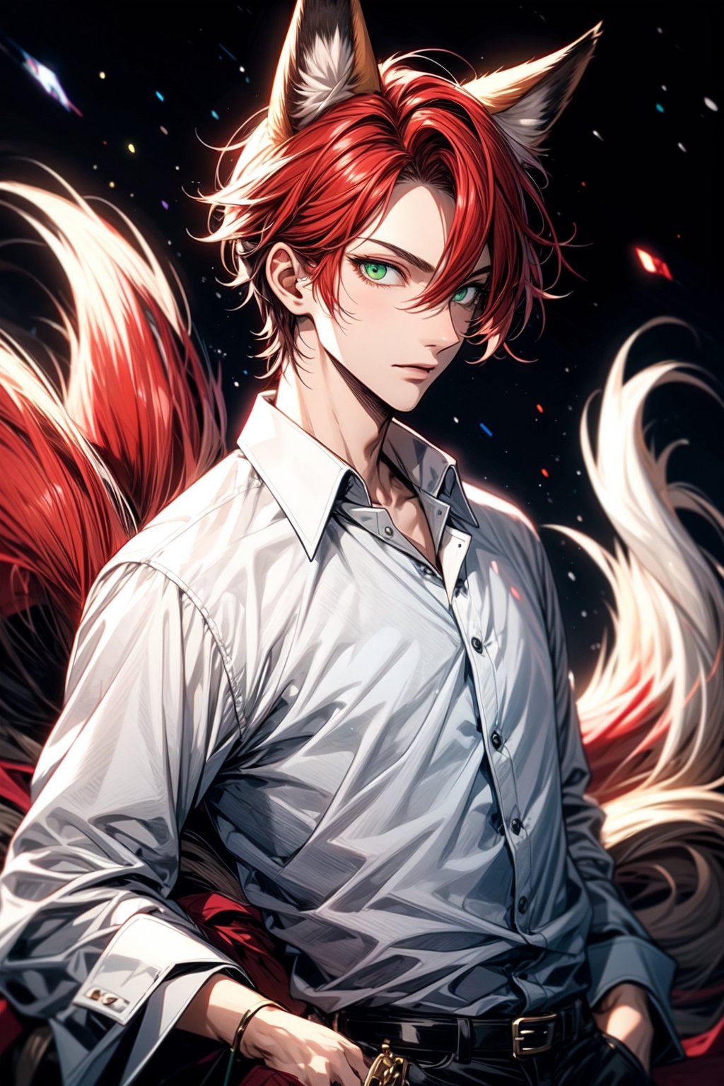 ((best quality)), ((masterpiece)), (detailed), male, sharp eyes, red fox ears, sly, fox, red hair, green eyes, fox tails, button shirt, red fox, japanese, scenery,midjourney,blacklight,neon