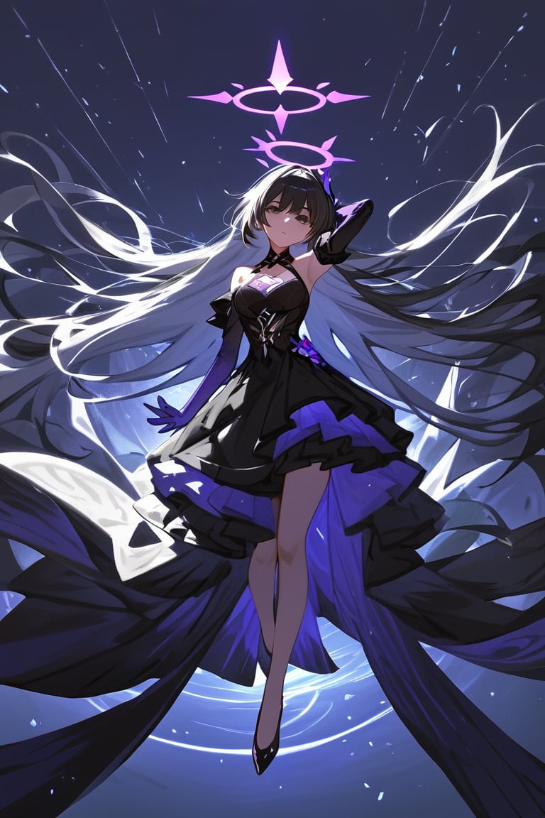 (score_9,score_8_up,score_7_up,score_6_up,score_5_up,score_4_up), detailed, anime, female, long hair, breasts, looking at viewer, bangs, black hair, dress, bare shoulders, very long hair, full body, elbow gloves, black dress, halo, large circle halo behind head, , floating, absurdly long hair, large circle behind her, halo, long hair, honkai (series), long gown, purple hands, floating above, black and white hair, arms fading into black hands,