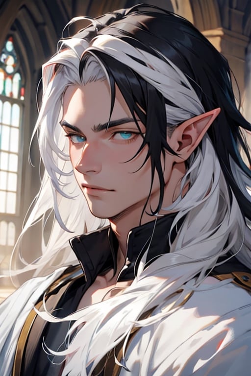 ((best quality)), ((masterpiece)), ((detailed)), long hair, black hair with white streaks, white streakd hair, streaked_hair, pointed_ears, male, king, regal, multicolored_hair, elf_(species), yello eyes, medieval, fantasy, pale, smooth skin,