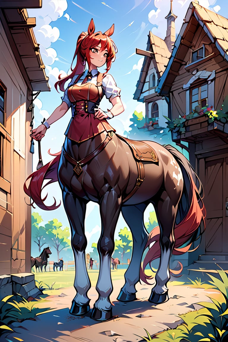 score_9_up, score_9, score_8_up, score_8, score_7, score_7_up, score_6_up, score_5_up, female, red hair, long_ponytail, shire horse, red hair, centaur, white hooves, black tail, ((black horse)), horse ears, mare, equine_prick,h0rs3_p3nis