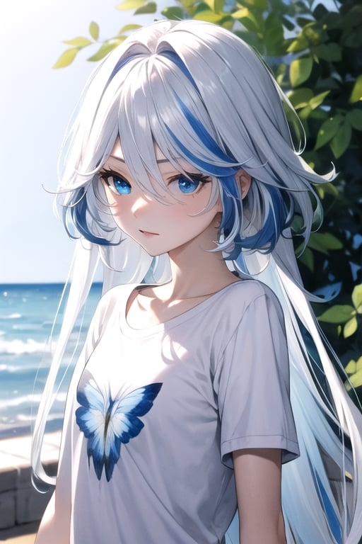 (masterpiece, best quality), (detailed), pale skin, white hair with blue streaks, female, slender, petite, ((blue eyes, heterochromia)), t-shirt, college, long hair, gamer, jacket,