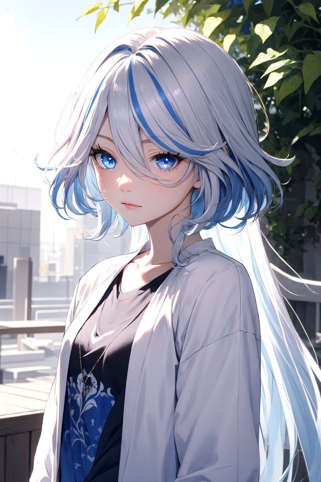 (masterpiece, best quality), (detailed), pale skin, white hair with blue streaks, female, slender, petite, ((blue eyes, heterochromia)), t-shirt, college, long hair, gamer, jacket,