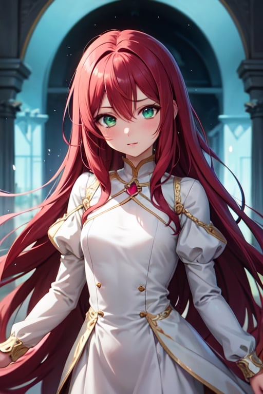 a beautiful female anime character with tangled deep red hair, white and gold princess dress, fantasy, medieval,,1girl, solo, long hair, dress, looking at viewer, shy, quiet, dark burgendy hair, long sleeves, hair between eyes, hair intakes, bangs, cyan green eyes,  preteen, fantasy art style, anime fantasy