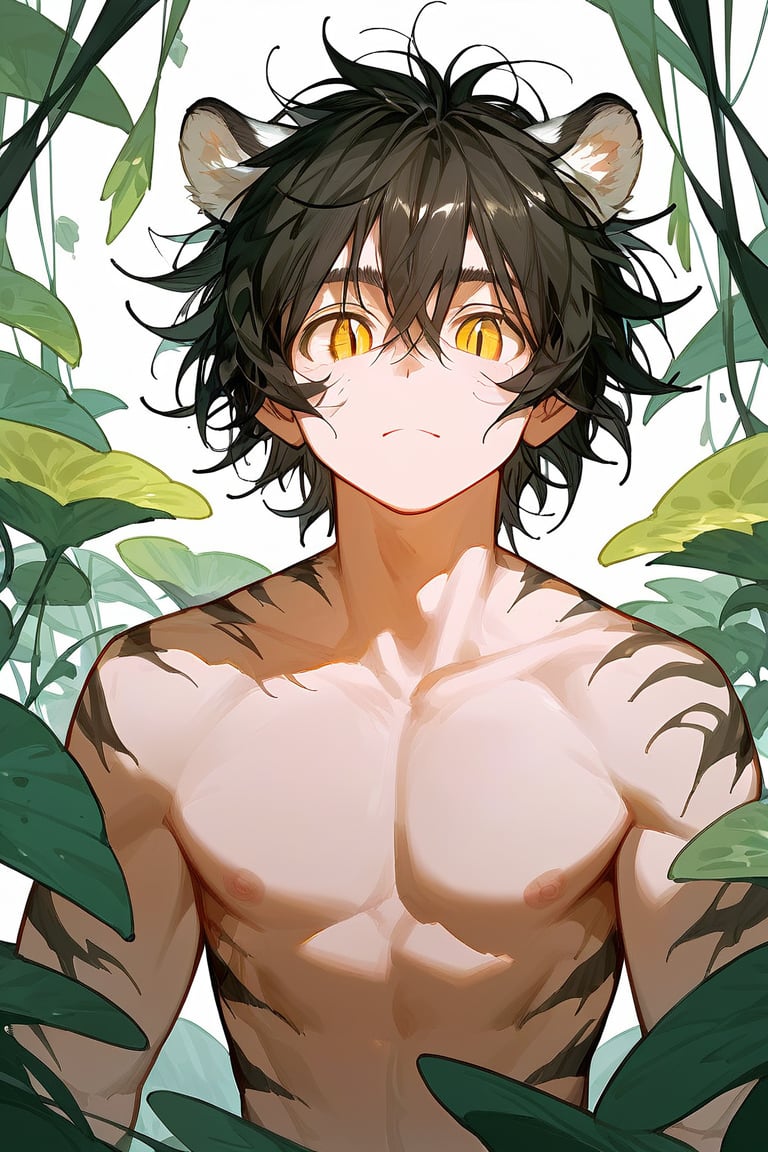 score_9_up, score_9, score_8_up, score_8, score_7, score_7_up, score_6_up, score_5_up, score_4_up, male, illustration, tiger ears, tiger tail, lean, messy hair, black hair, white skin,  slit pupils, yellow eyes,
