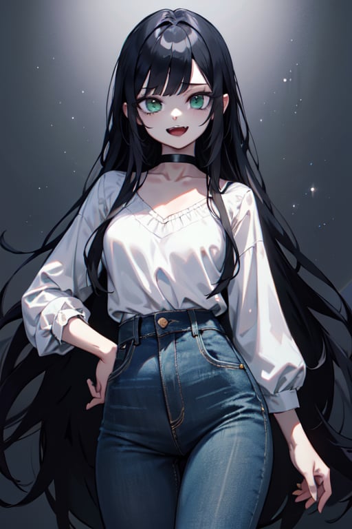 manga, anime, illustration, digital art, background, (masterpiece, best quality), female, emerald green eyes, black hair, long hair, (vampire), college student, slender figure, jeans, white blouse, silver choker, fangs, 