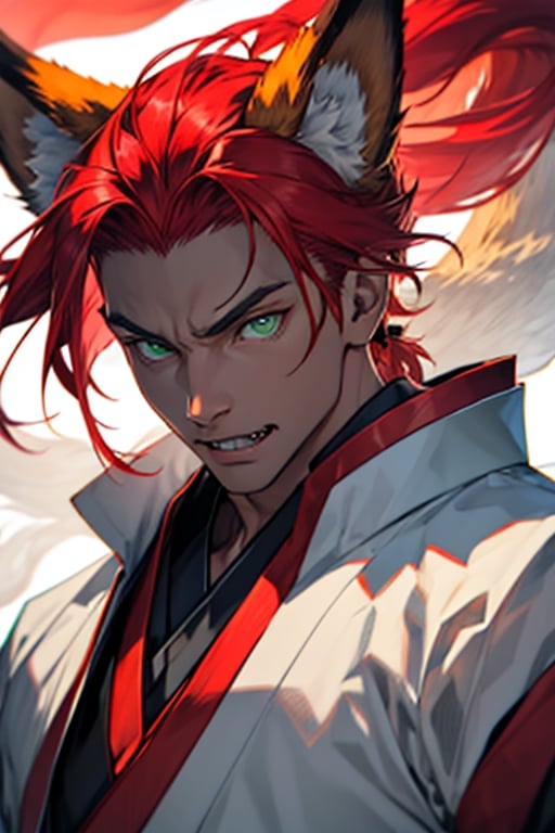 ((best quality)), ((masterpiece)), (detailed), male, sharp eyes, red fox ears, green eyes, fox tails, lean, muscular, light red hair, kitsune, fox tails, down turned fox ears, slit pupils, fangs, japanese ethnicity, handsome looks, 