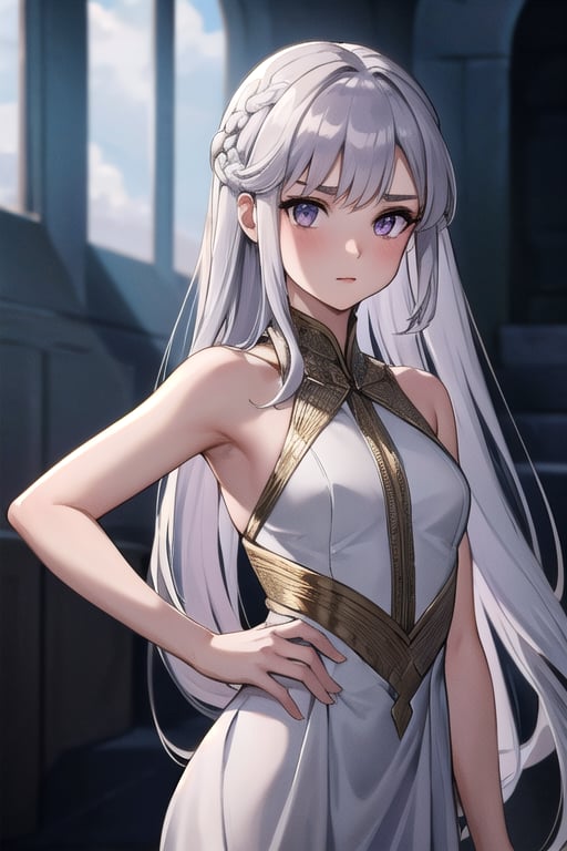 (beauty girl), (ultra-high picture quality), (masterpiece, best quality, highres:1.3), ultra resolution image, (1girl), (solo), female, Game of Thrones, purple eyes, silver-gold hair, flowing gown in shades of blue and silver, slender, atheltic, delicate yet regal face with high cheekbones and a small nose,