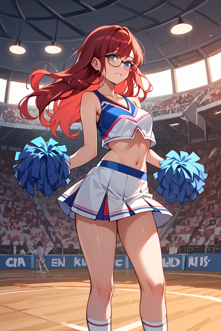 score_9_up, score_9, score_8_up, score_8, score_7, score_7_up, score_6_up, score_5_up, score_4_up, female, illustration, high contrast, low saturation, beautiful, cinematic, colourful lighting, dark red hair, red hair, glasses, petite, long hair, blue eyes, cheerleader,  high-school, background, BREAK,source_anime