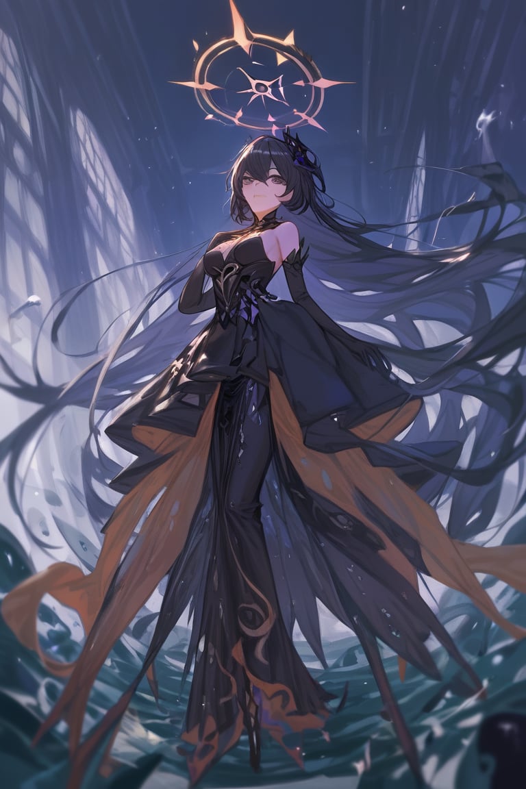 (score_9,score_8_up,score_7_up,score_6_up,score_5_up,score_4_up), detailed, anime, female, long hair, breasts, looking at viewer, bangs, black hair, dress, bare shoulders, very long hair, full body, elbow gloves, black dress, halo, floating, absurdly long hair, large circle behind her, halo, long hair, honkai (series), eldritch, god like figure, long gown, 