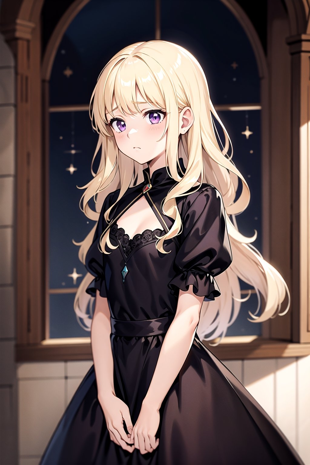 (masterpiece, best quality), (detailed), slender, purple eyes, long blonde hair, princess curls, medieval, royal, pretty, black dress, emotionless, sad, middle ages, small, cute,am3r1can girl