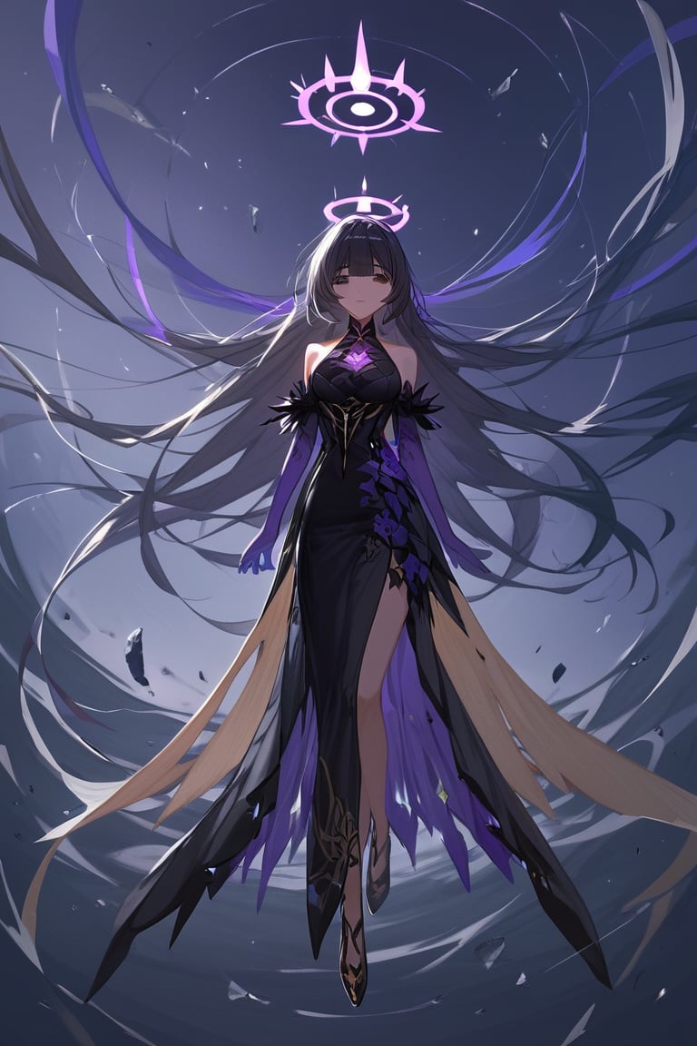 (score_9,score_8_up,score_7_up,score_6_up,score_5_up,score_4_up), detailed, anime, female, long hair, breasts, looking at viewer, bangs, black hair, dress, bare shoulders, very long hair, full body, elbow gloves, black dress, halo, large circle halo behind head, , floating, absurdly long hair, large circle behind her, halo, long hair, honkai (series), long gown, purple hands, floating above,