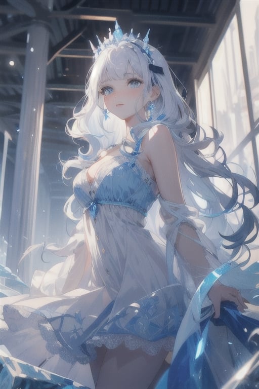 {{masterpiece}}, {{ultra detailed}}, {ultra quality}, {dramatic shadows}, {cinematic lighting}, intricate expression, ice princess, blue-white hair set in perfect princess curls. blue-white eyes, dress, athletic, button nose, slender, pale skin, creamy skin, C-cup,midjourney