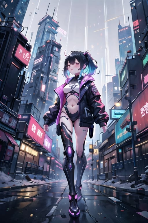 artoon, anime, illustration, digital art, background, (masterpiece, best quality), background, female, cyberpunk, black hair, multicolored_hair, augmented_body, cybernetics, lone female in a cyberpunk city, jacket, cyborg,robotskin, Mechanical modifications